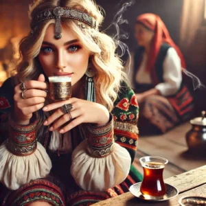 A traditional Turkish woman with blonde hair, wearing traditional Turkish clothing, drinking Turkish coffee